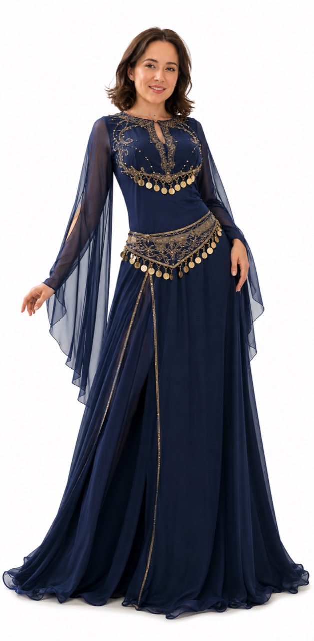 Michaela Bulla, professional belly dancer in Chester, wearing a navy gown with a gold coin belt